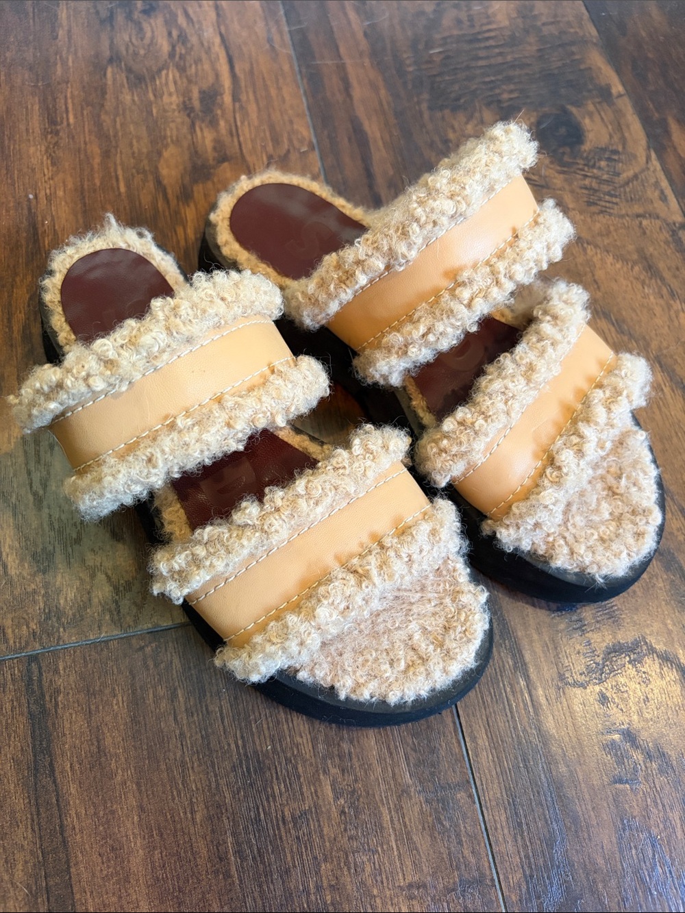 STAUD Cream and Tan Curly Shearling Strap Slide Sandals